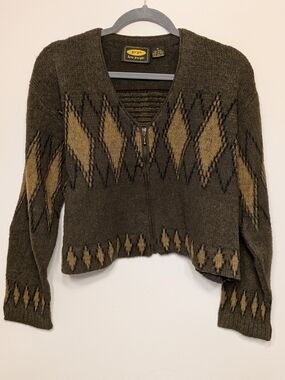 Free People Wool Olive & Tan Diamond Zip V-Neck Sweater